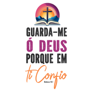 Imagem com a frase "Guarda-me, ó Deus, porque em ti confio" acompanhada de uma cruz, uma Bíblia aberta e montanhas ao fundo, inspirada no Salmo 16:1. Ideal para reflexões espirituais e mensagens de fé.