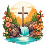 Cruz de madeira em um cenário natural com montanhas ao fundo, cachoeira e flores coloridas ao redor, simbolizando paz e espiritualidade.