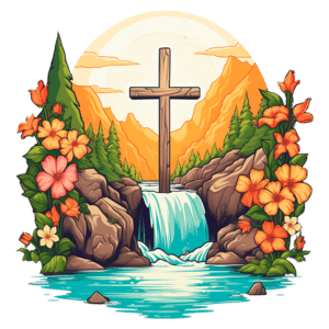Cruz de madeira em um cenário natural com montanhas ao fundo, cachoeira e flores coloridas ao redor, simbolizando paz e espiritualidade.