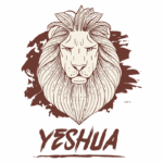 Ilustração de um leão com uma expressão forte e poderosa, acompanhado do texto "YESHUA" abaixo. A arte destaca detalhes do pelo e a majestade do animal, simbolizando força e liderança.