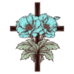 Ilustração de flores azul-turquesa com detalhes em marrom, dispostas em um fundo verde, com elementos de cruzes ao fundo, simbolizando fé e beleza natural.