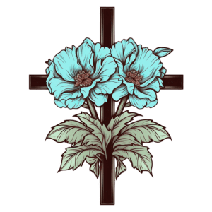 Ilustração de flores azul-turquesa com detalhes em marrom, dispostas em um fundo verde, com elementos de cruzes ao fundo, simbolizando fé e beleza natural.