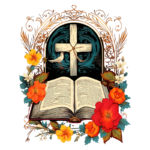 Imagem ilustrativa de uma Bíblia aberta com flores coloridas ao redor, uma cruz em destaque e uma pomba, simbolizando paz e espiritualidade. Ideal para temas religiosos e inspiracionais.