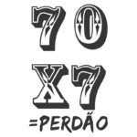 Design gráfico com os números "70" e "X7" estilizados, acompanhados da palavra "PERDÃO" em destaque, representando uma mensagem de perdão e reflexão.