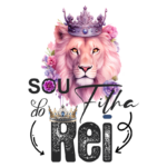Ilustração de um leão rosa com uma coroa, rodeado por flores coloridas, com as palavras "Sou o Rei" em destaque. Ideal para temas de empoderamento e autoconfiança.