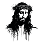 Ilustração em preto e branco da face de Jesus Cristo com coroa de espinhos, expressando dor e sacrifício. A imagem destaca a profundidade emocional e a importância espiritual de Cristo na tradição cristã.