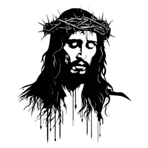 Ilustração em preto e branco da face de Jesus Cristo com coroa de espinhos, expressando dor e sacrifício. A imagem destaca a profundidade emocional e a importância espiritual de Cristo na tradição cristã.