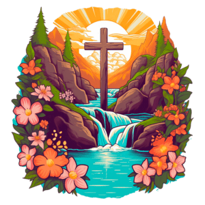 Cruz em meio a montanhas e flores, com uma cachoeira e um pôr do sol ao fundo, simbolizando paz e espiritualidade.