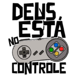 Imagem de um controle de videogame com a frase "Deus está no controle". O design combina elementos de jogos com uma mensagem inspiradora.