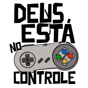 Imagem de um controle de videogame com a frase "Deus está no controle". O design combina elementos de jogos com uma mensagem inspiradora.