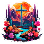 Imagem colorida de uma cruz azul em um cenário montanhoso ao pôr do sol, cercada por flores vibrantes e um rio que flui entre as rochas. A composição evoca uma sensação de paz e espiritualidade na natureza.