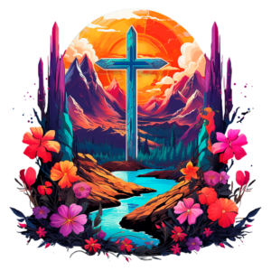 Imagem colorida de uma cruz azul em um cenário montanhoso ao pôr do sol, cercada por flores vibrantes e um rio que flui entre as rochas. A composição evoca uma sensação de paz e espiritualidade na natureza.
