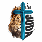 Imagem artística do "Leão de Judá", combinando a imagem de um leão majestoso com uma cruz azul, simbolizando força e fé. O design inclui uma coroa dourada, destacando a realeza e a importância espiritual do tema.