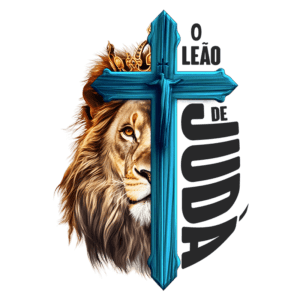 Imagem artística do "Leão de Judá", combinando a imagem de um leão majestoso com uma cruz azul, simbolizando força e fé. O design inclui uma coroa dourada, destacando a realeza e a importância espiritual do tema.