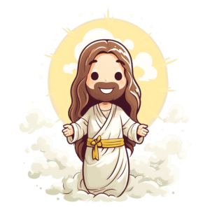 Ilustração de Jesus em estilo cartoon, com cabelo longo e barba, vestindo uma túnica branca e cinto amarelo, cercado por nuvens e um fundo amarelo radiante. Ideal para temas religiosos e de fé.