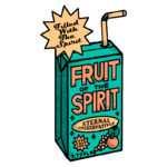 Caixa de suco ilustrada com a frase "Fruit of the Spirit" e o destaque "Eternal Preservative", simbolizando a espiritualidade e os frutos do Espírito. A embalagem apresenta cores vibrantes e um canudo, evocando uma sensação de frescor e alegria.