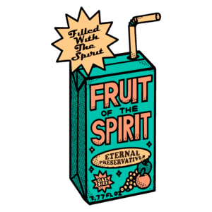 Caixa de suco ilustrada com a frase "Fruit of the Spirit" e o destaque "Eternal Preservative", simbolizando a espiritualidade e os frutos do Espírito. A embalagem apresenta cores vibrantes e um canudo, evocando uma sensação de frescor e alegria.