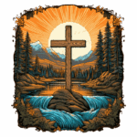 Cruz de madeira em uma rocha, cercada por um rio e montanhas ao fundo, com um pôr do sol radiante e árvores ao redor, simbolizando a paz e a espiritualidade.