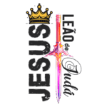 Imagem com uma espada colorida e estilizada, acompanhada do texto "Jesus Leão de Judá" e uma coroa acima. Ideal para temas religiosos e de fé.