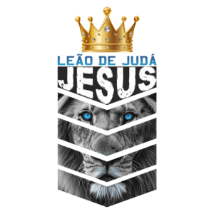 Imagem com o texto "Leão de Judá Jesus", apresentando um leão majestoso com olhos azuis e uma coroa dourada no topo. O design é moderno e simboliza força e fé.