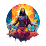 Imagem artística de Jesus Cristo em pose meditativa, cercado por um fundo vibrante com cores quentes e um sol radiante, simbolizando paz e espiritualidade.