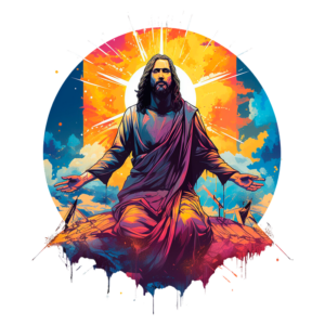 Imagem artística de Jesus Cristo em pose meditativa, cercado por um fundo vibrante com cores quentes e um sol radiante, simbolizando paz e espiritualidade.
