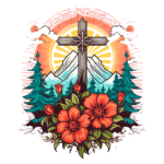 Cruz religiosa em um cenário montanhoso, cercada por árvores verdes e flores vibrantes, com um sol radiante ao fundo. Ideal para temas de espiritualidade e natureza.