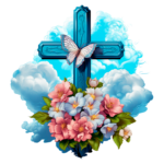Cruz azul com borboleta sobre nuvens, adornada com um buquê colorido de flores, simbolizando paz e renovação espiritual.