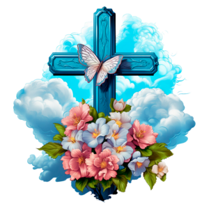 Cruz azul com borboleta sobre nuvens, adornada com um buquê colorido de flores, simbolizando paz e renovação espiritual.