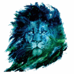 Ilustração de um leão com tons de azul e verde, destacando detalhes artísticos e um olhar intenso. A imagem combina elementos de pintura digital e abstração.