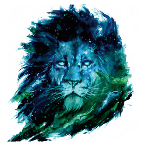 Ilustração de um leão com tons de azul e verde, destacando detalhes artísticos e um olhar intenso. A imagem combina elementos de pintura digital e abstração.