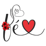 Imagem estilizada com a palavra "fé" em letras cursivas, adornada com um coração vermelho e flores vermelhas, simbolizando amor e esperança.