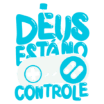 Imagem com a frase "Deus está no controle" em destaque, acompanhada de um controle de videogame estilizado, simbolizando a conexão entre fé e entretenimento digital.