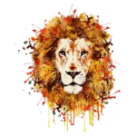 Ilustração artística de um leão com uma densa juba em tons de laranja e amarelo, destacando seu olhar intenso e expressivo. Ideal para temas relacionados à natureza, vida selvagem e arte.