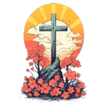 Cruz em um cenário vibrante com flores coloridas, montanhas e um fundo de sol nascente, simbolizando fé e renascimento.