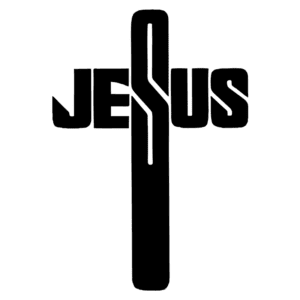 Logo estilizado com a palavra "JESUS" integrada a uma cruz, simbolizando a fé cristã e a espiritualidade.