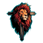 Cabeça de leão estilizada com uma juba vermelha vibrante, posicionado sobre uma cruz, em um fundo verde. A arte destaca detalhes expressivos do rosto do leão e elementos gráficos que transmitem força e majestade. Ideal para temas relacionados à coragem e proteção.