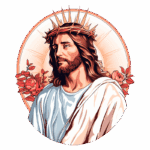 Imagem ilustrativa de Jesus Cristo com coroa de espinhos, rodeado por rosas, simbolizando fé e espiritualidade.