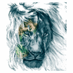Ilustração artística de um leão com detalhes vívidos, destacando sua expressão intensa e pelagem majestosa em tons de azul e verde. Ideal para temas relacionados à natureza e vida selvagem.