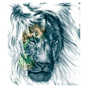 Ilustração artística de um leão com detalhes vívidos, destacando sua expressão intensa e pelagem majestosa em tons de azul e verde. Ideal para temas relacionados à natureza e vida selvagem.