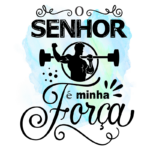Imagem com a frase "Senhor é minha força", acompanhada de um ícone de um homem levantando um haltere, sobre um fundo aquarela em tons de azul. Ideal para temas de fé e força pessoal.