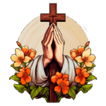Mãos em oração segurando uma cruz, cercadas por flores coloridas, simbolizando fé e espiritualidade. Ideal para temas religiosos e artísticos.