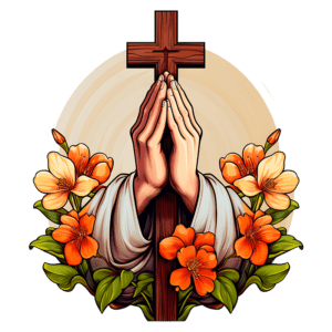 Mãos em oração segurando uma cruz, cercadas por flores coloridas, simbolizando fé e espiritualidade. Ideal para temas religiosos e artísticos.