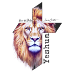 Ilustração de um leão majestoso com uma pelagem dourada e olhos penetrantes, incorporado em um design gráfico com elementos de cruz, simbolizando força e espiritualidade. Ideal para temas de fé e natureza.