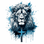 Leão majestoso com um fundo azul vibrante e uma cruz, simbolizando força e fé. Ideal para arte cristã e decoração inspiradora.