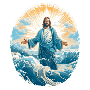 Imagem de Jesus Cristo em meio a ondas, com braços abertos, simbolizando proteção e fé, iluminado por raios de luz celestial.