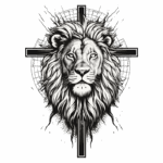 Ilustração de um leão majestoso com uma cruz ao fundo, simbolizando força e fé. O design é em preto e branco, destacando os detalhes da juba e a expressão poderosa do leão.