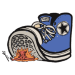 Tênis azul com cadarços brancos esmagando um personagem cartoon em chamas, representando um momento cômico e exagerado. Ilustração divertida e vibrante.
