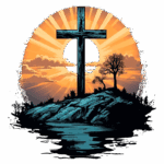 Cruz estilizada em uma rocha, com um pôr do sol vibrante ao fundo, refletindo em águas tranquilas e árvores solitárias ao redor. Ideal para temas de espiritualidade e fé.