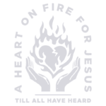 Desenho de um coração em chamas simbolizando a paixão por Jesus, com mãos em posição de oração ao redor e a frase "Till All Have Heard" em destaque, representando evangelismo e fé.